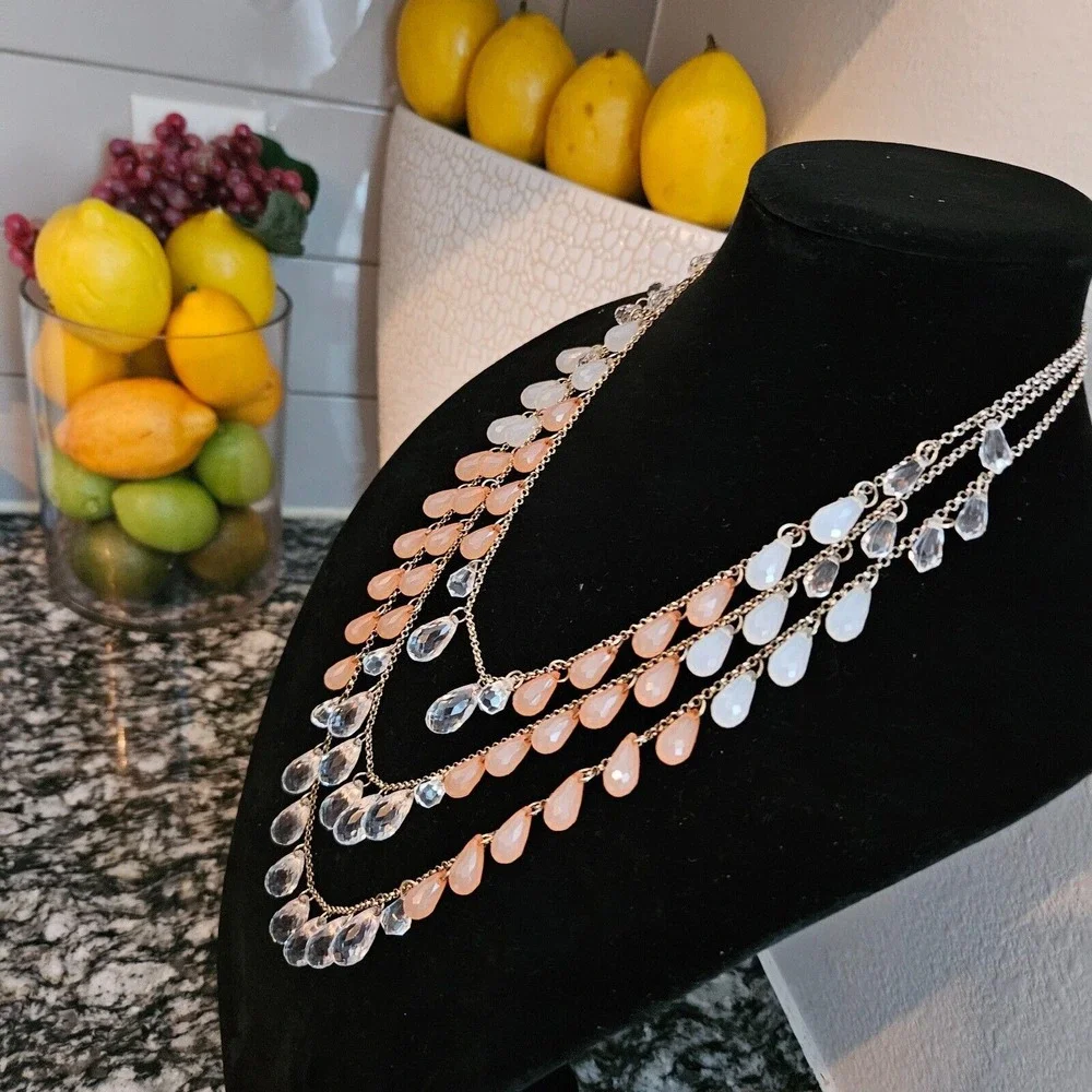 Multi Strand Dangle‎ Bib Necklace Goldtone Peach, Clear, & milk acrylicBeads